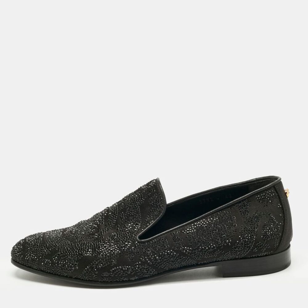 Versace Black Crystals And Satin Medusa Logo Smoking Slippers Size 42
